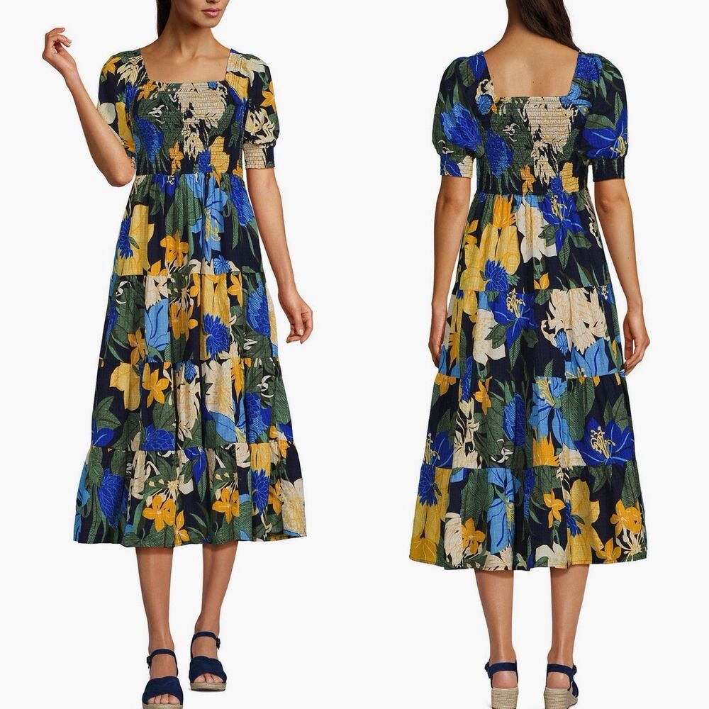 Lands' End Navy Blue Yellow Floral Midi Dress